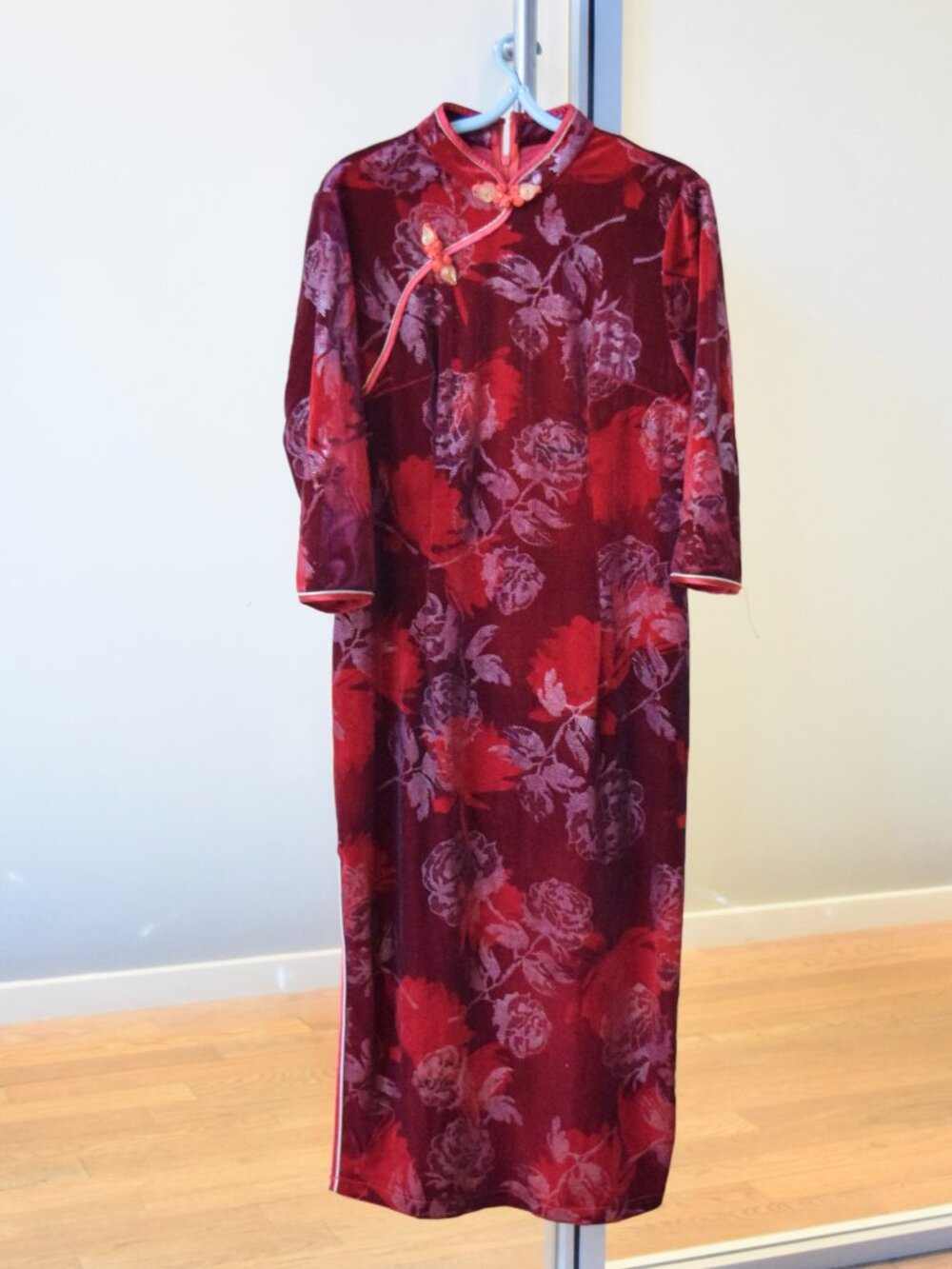 Red Velvet Rose Pattern Qipao Dress - Wedding New Year Christmas Cheongsam